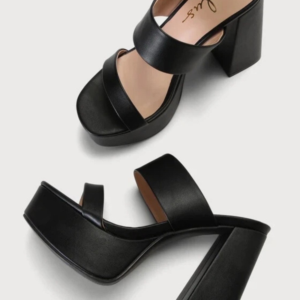 Lulu's Aishan style Black Heels Chunky Block Heel Platform slide sandals 6.5